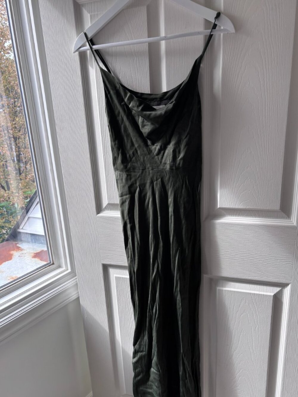 Anthropologie Olive Green Satin Cowl Neck Midi Slip Dress XS